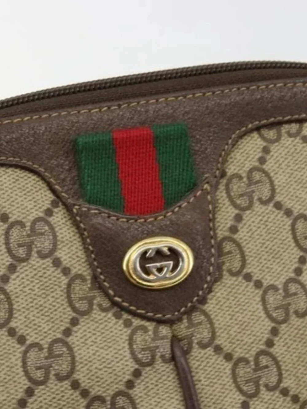 GUCCI GG Supreme Web Sherry Line Bag PVC Beige Gold 904 02 047 Auth 189616